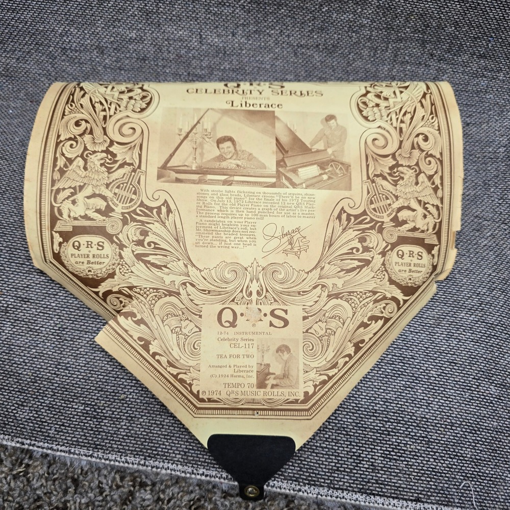 QRS Player Piano Roll Liberace Tea For Two CEL-117 1974 Vintage Gold Fair Used